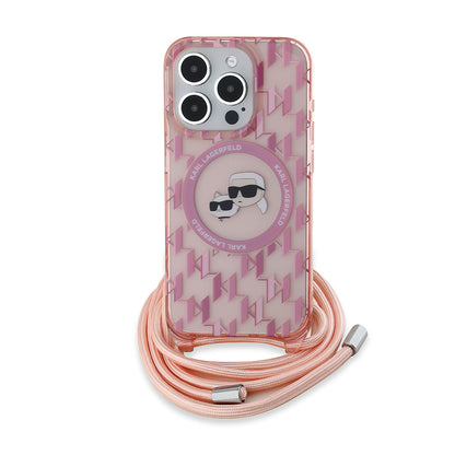 Husa MagSafe pentru Apple iPhone 15 Pro Max, Karl Lagerfeld, IML Crossbody Monogram Karl & Choupette's Heads, Roz