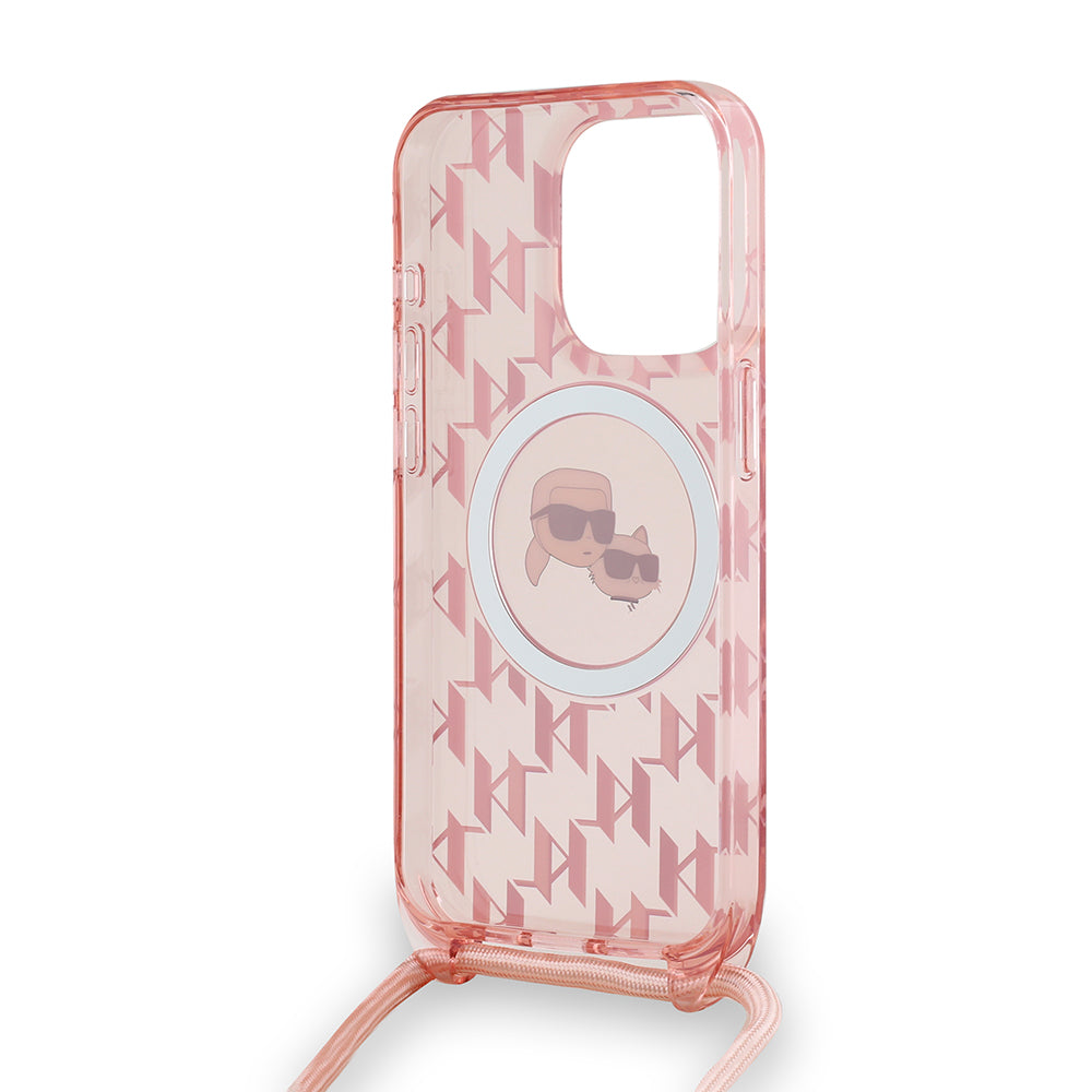 Husa MagSafe pentru Apple iPhone 15 Pro Max, Karl Lagerfeld, IML Crossbody Monogram Karl & Choupette's Heads, Roz