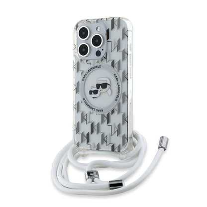 Husa MagSafe pentru Apple iPhone 15 Pro Max, Karl Lagerfeld, IML Crossbody Monogram Karl & Choupette's Heads, Transparenta