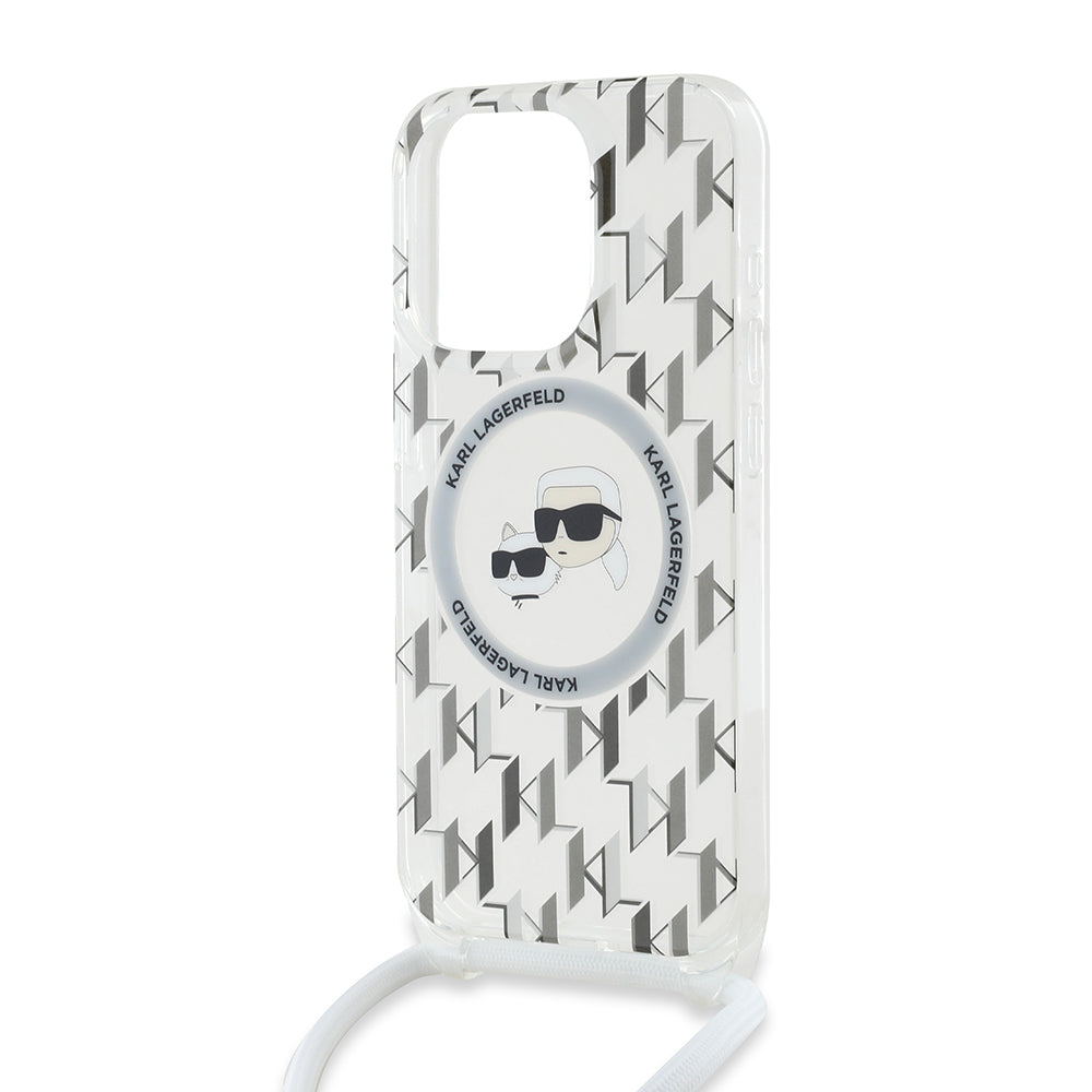 Husa MagSafe pentru Apple iPhone 15 Pro Max, Karl Lagerfeld, IML Crossbody Monogram Karl & Choupette's Heads, Transparenta