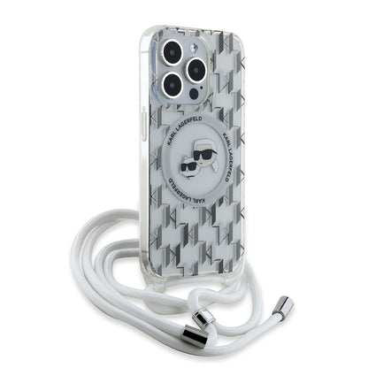 Husa MagSafe pentru Apple iPhone 15 Pro Max, Karl Lagerfeld, IML Crossbody Monogram Karl & Choupette's Heads, Transparenta