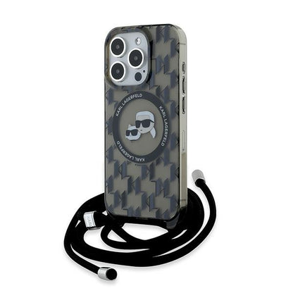 Husa MagSafe pentru Apple iPhone 15 Pro Max, Karl Lagerfeld, IML Crossbody Monogram Karl & Choupette's Heads, Neagra