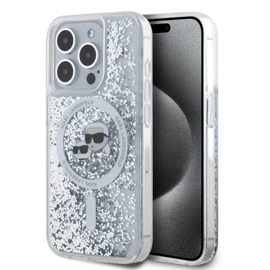 Husa MagSafe pentru Apple iPhone 15 Pro Max, Karl Lagerfeld, Liquid Glitter Karl & Choupette's Heads, Transparenta
