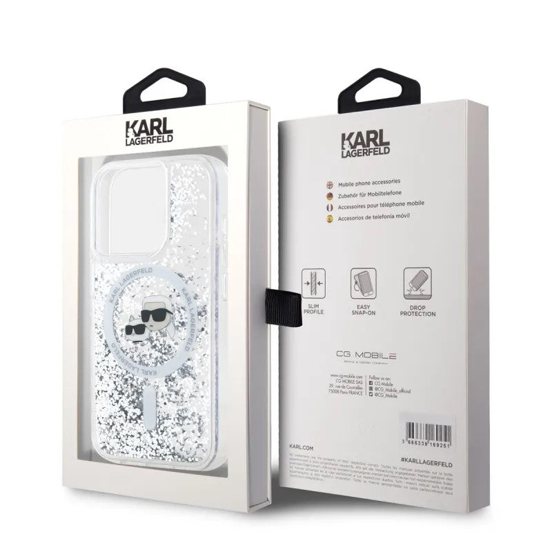 Husa MagSafe pentru Apple iPhone 15 Pro Max, Karl Lagerfeld, Liquid Glitter Karl & Choupette's Heads, Transparenta
