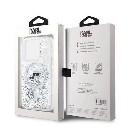 Husa MagSafe pentru Apple iPhone 15 Pro Max, Karl Lagerfeld, Liquid Glitter Karl & Choupette's Heads, Transparenta
