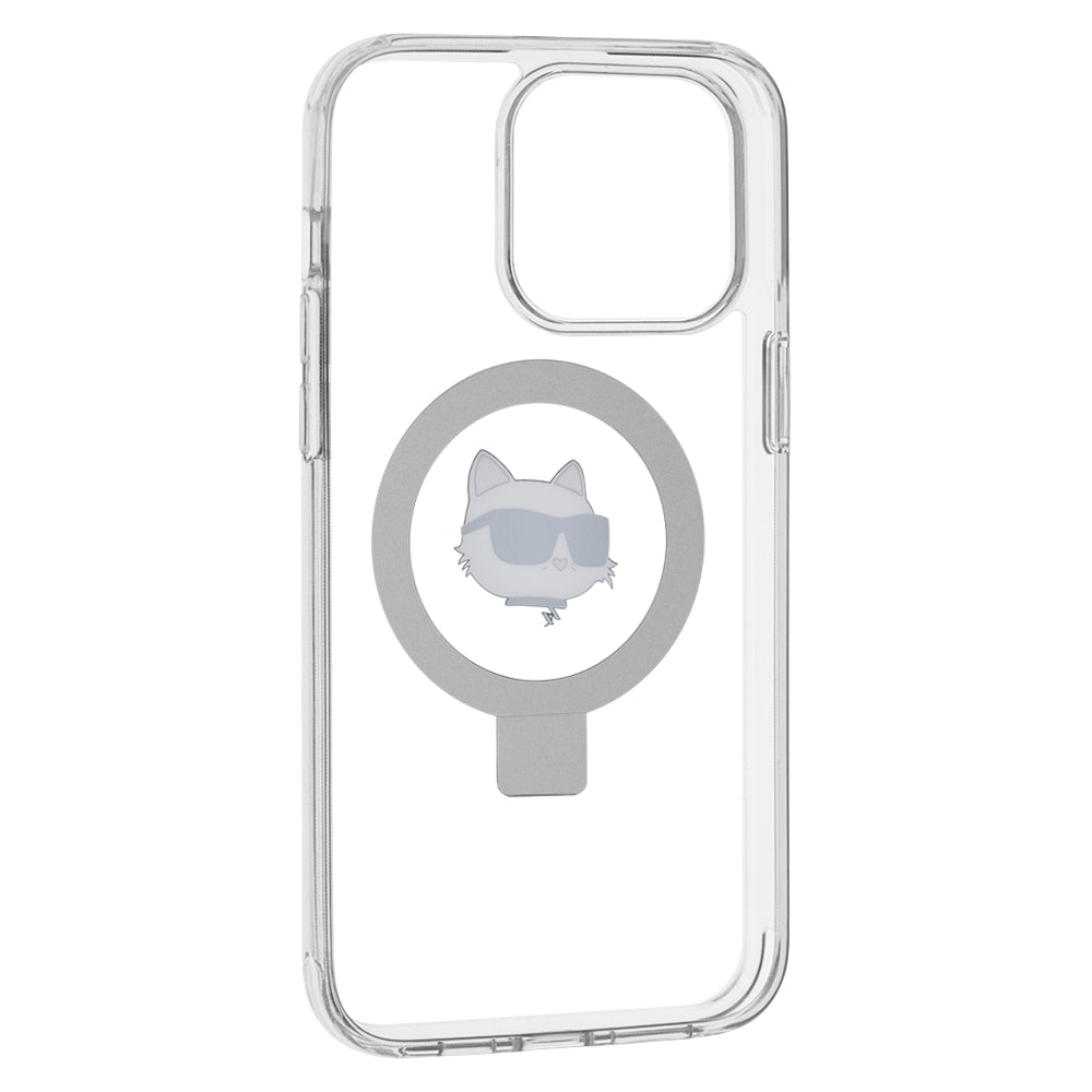Husa MagSafe pentru Apple iPhone 15 Pro Max, Karl Lagerfeld, Ring Stand Choupette's Head, Alba