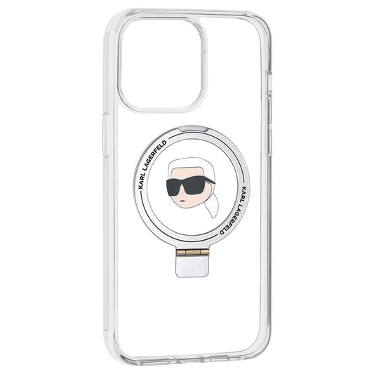 Husa MagSafe pentru Apple iPhone 15 Pro Max, Karl Lagerfeld, Ring Stand Karl's Head, Alba