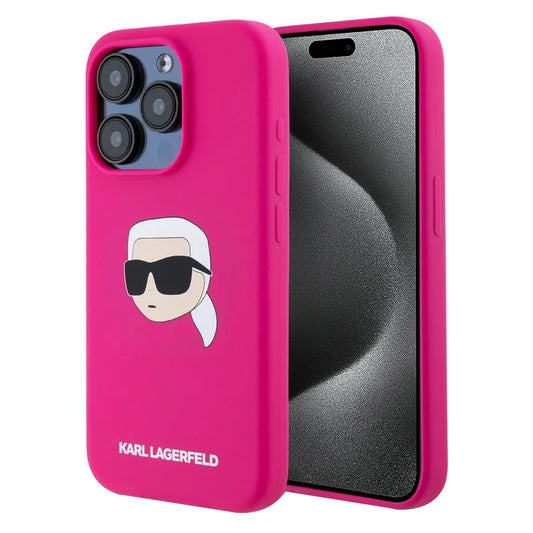 Husa MagSafe pentru Apple iPhone 15 Pro Max, Karl Lagerfeld, Silicone Karl's Head, Fucsia