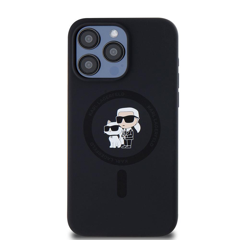 Husa MagSafe pentru Apple iPhone 15 Pro Max, Karl Lagerfeld, Silicone Ring Karl & Choupette, Neagra
