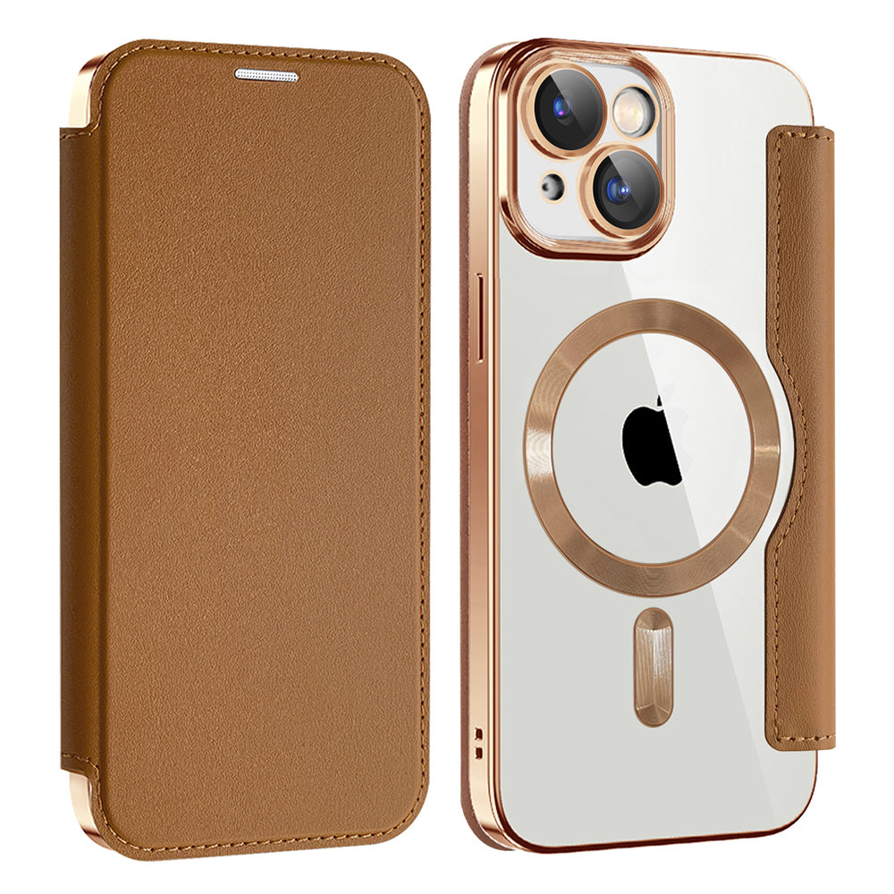 Husa MagSafe pentru Apple iPhone 15, Techsuit, SmartMag Book, Maro