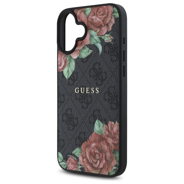 Husa MagSafe pentru Apple iPhone 16, Guess, 4G Flowers Print, Neagra