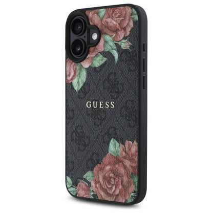 Husa MagSafe pentru Apple iPhone 16, Guess, 4G Flowers Print, Neagra