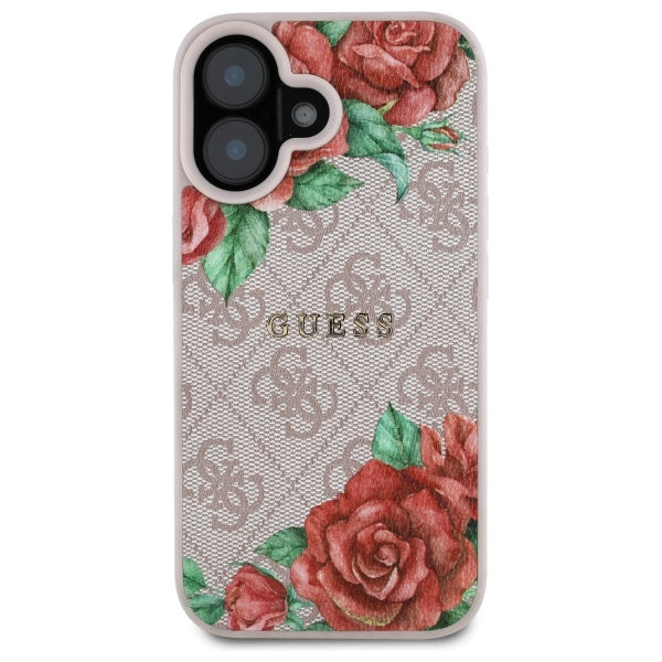Husa MagSafe pentru Apple iPhone 16, Guess, 4G Flowers Print, Roz