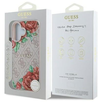 Husa MagSafe pentru Apple iPhone 16, Guess, 4G Flowers Print, Roz