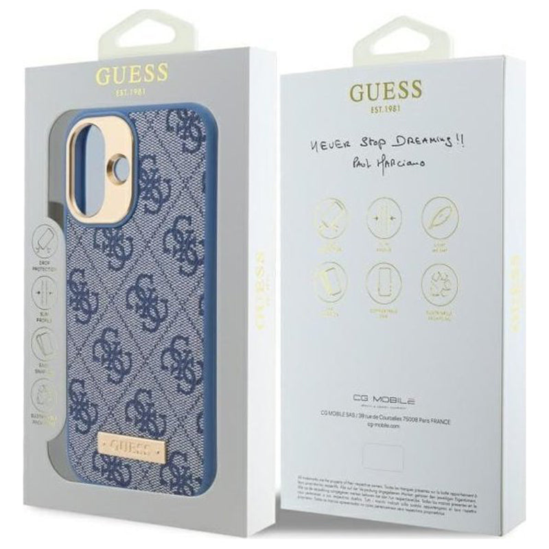 Husa MagSafe pentru Apple iPhone 16, Guess, 4G Logo Plate, Albastra