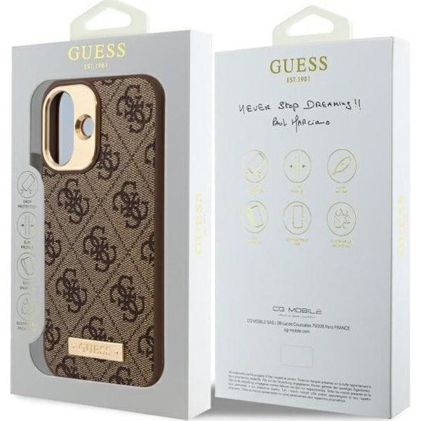 Husa MagSafe pentru Apple iPhone 16, Guess, 4G Logo Plate, Maro