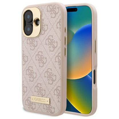 Husa MagSafe pentru Apple iPhone 16, Guess, 4G Logo Plate, Roz