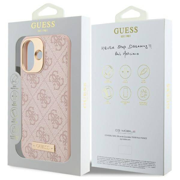 Husa MagSafe pentru Apple iPhone 16, Guess, 4G Logo Plate, Roz