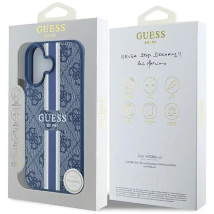 Husa MagSafe pentru Apple iPhone 16, Guess, 4G Printed Stripes, Albastra