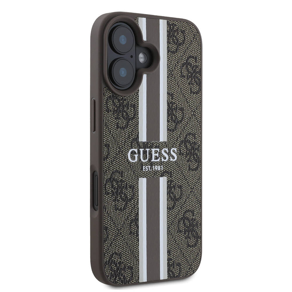 Husa MagSafe pentru Apple iPhone 16, Guess, 4G Printed Stripes, Maro