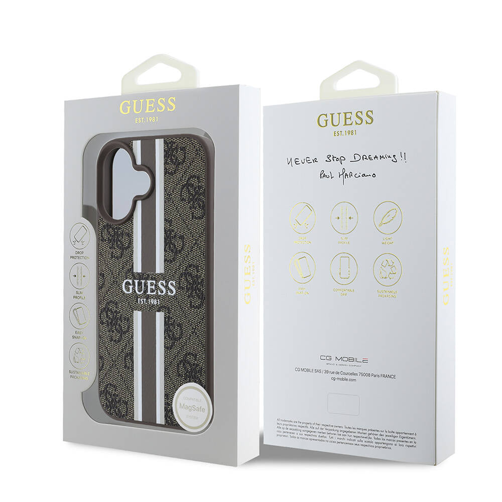 Husa MagSafe pentru Apple iPhone 16, Guess, 4G Printed Stripes, Maro