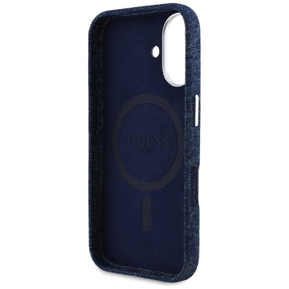Husa MagSafe pentru Apple iPhone 16, Guess, Denim Triangle Logo, Albastra