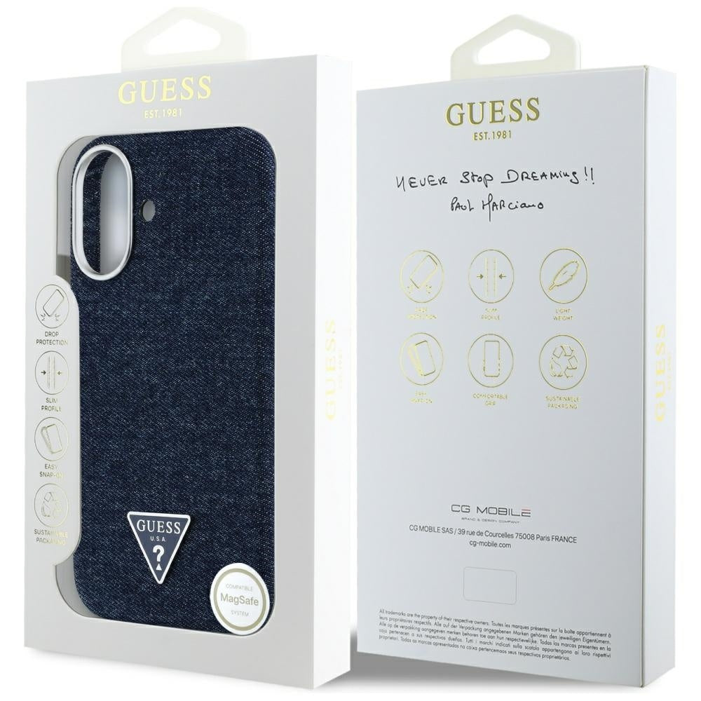 Husa MagSafe pentru Apple iPhone 16, Guess, Denim Triangle Logo, Albastra