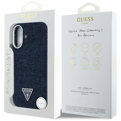 Husa MagSafe pentru Apple iPhone 16, Guess, Denim Triangle Logo, Albastra