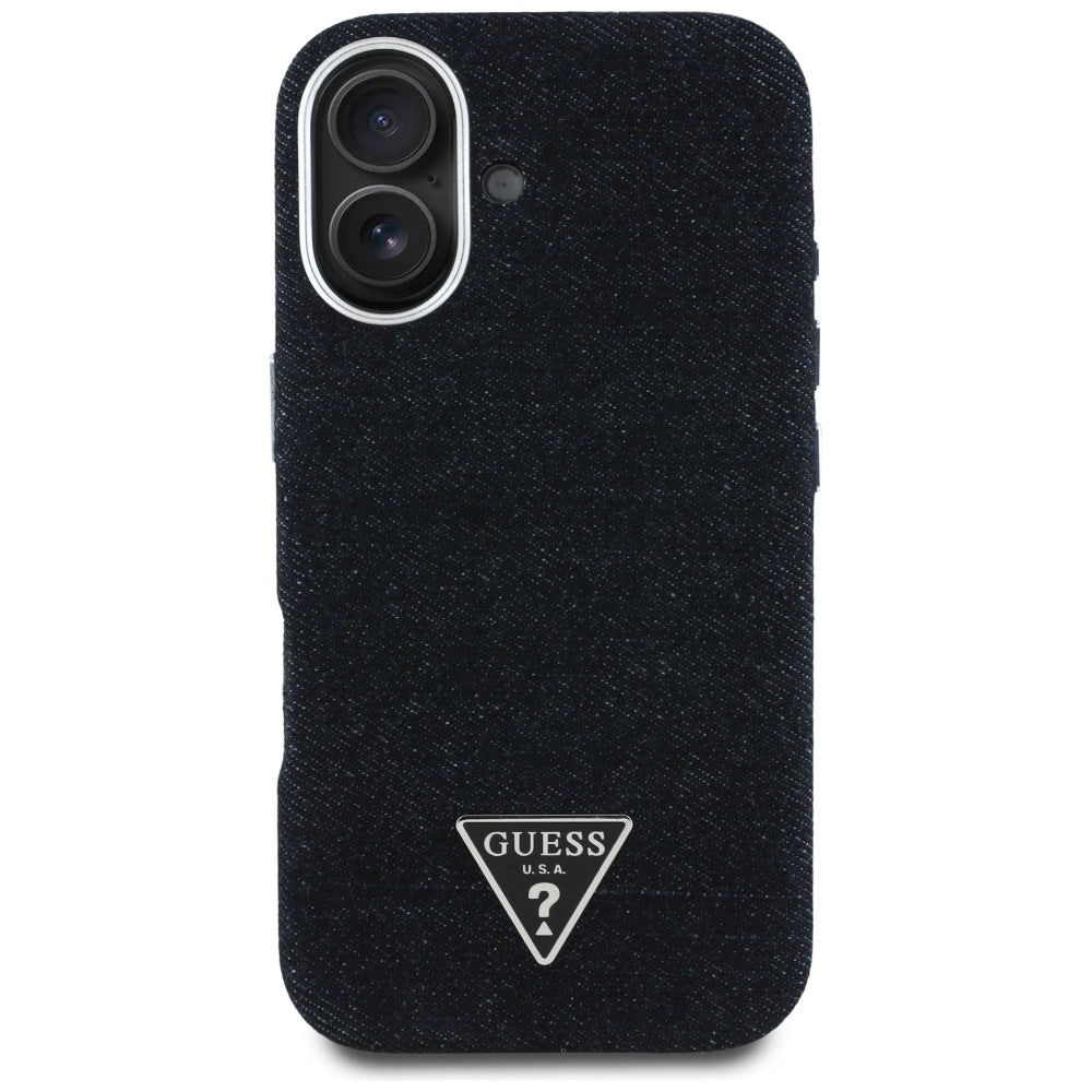 Husa MagSafe pentru Apple iPhone 16, Guess, Denim Triangle Logo, Neagra