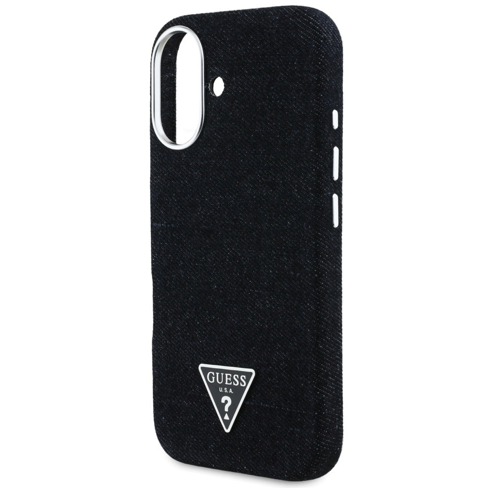 Husa MagSafe pentru Apple iPhone 16, Guess, Denim Triangle Logo, Neagra