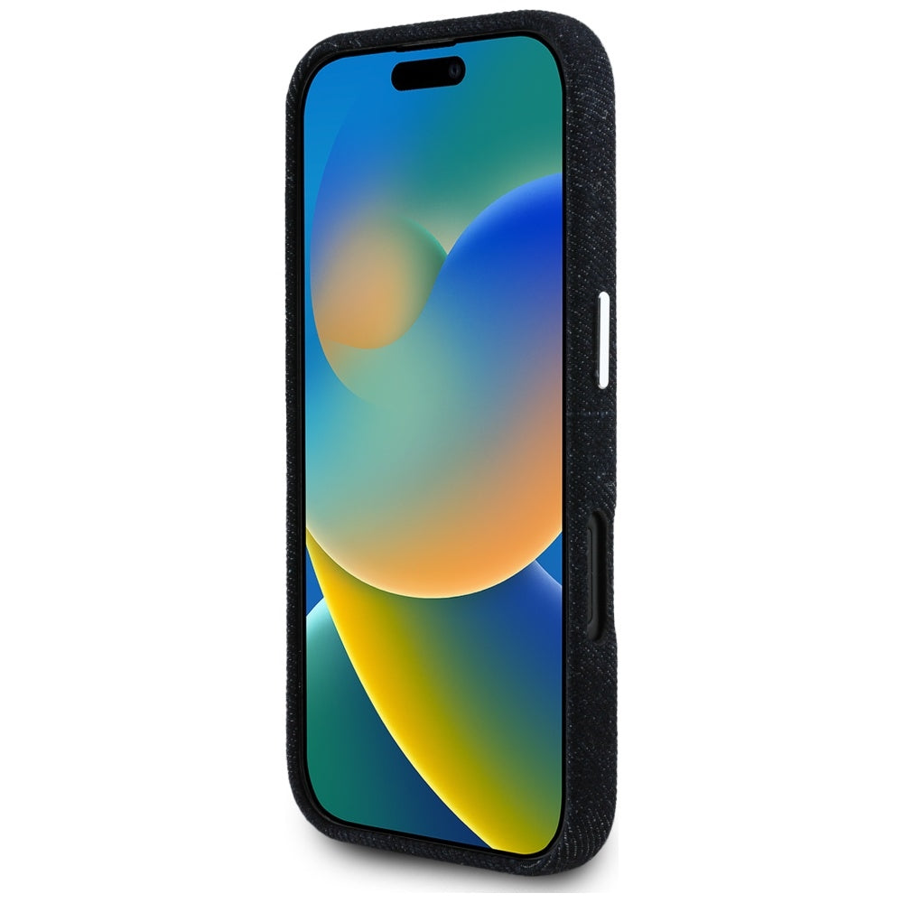 Husa MagSafe pentru Apple iPhone 16, Guess, Denim Triangle Logo, Neagra