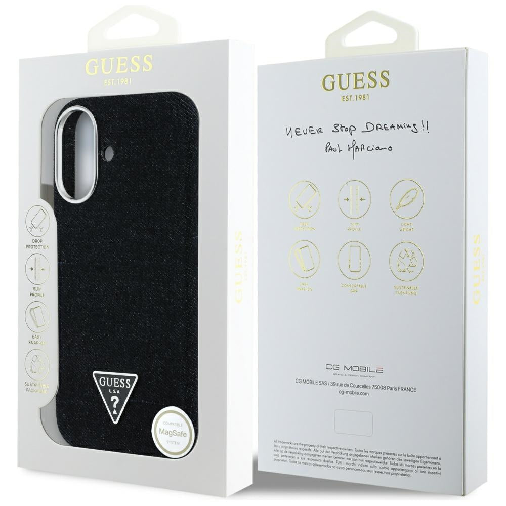 Husa MagSafe pentru Apple iPhone 16, Guess, Denim Triangle Logo, Neagra