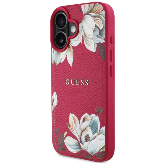 Husa MagSafe pentru Apple iPhone 16, Guess, Grained Flowers, Fucsia