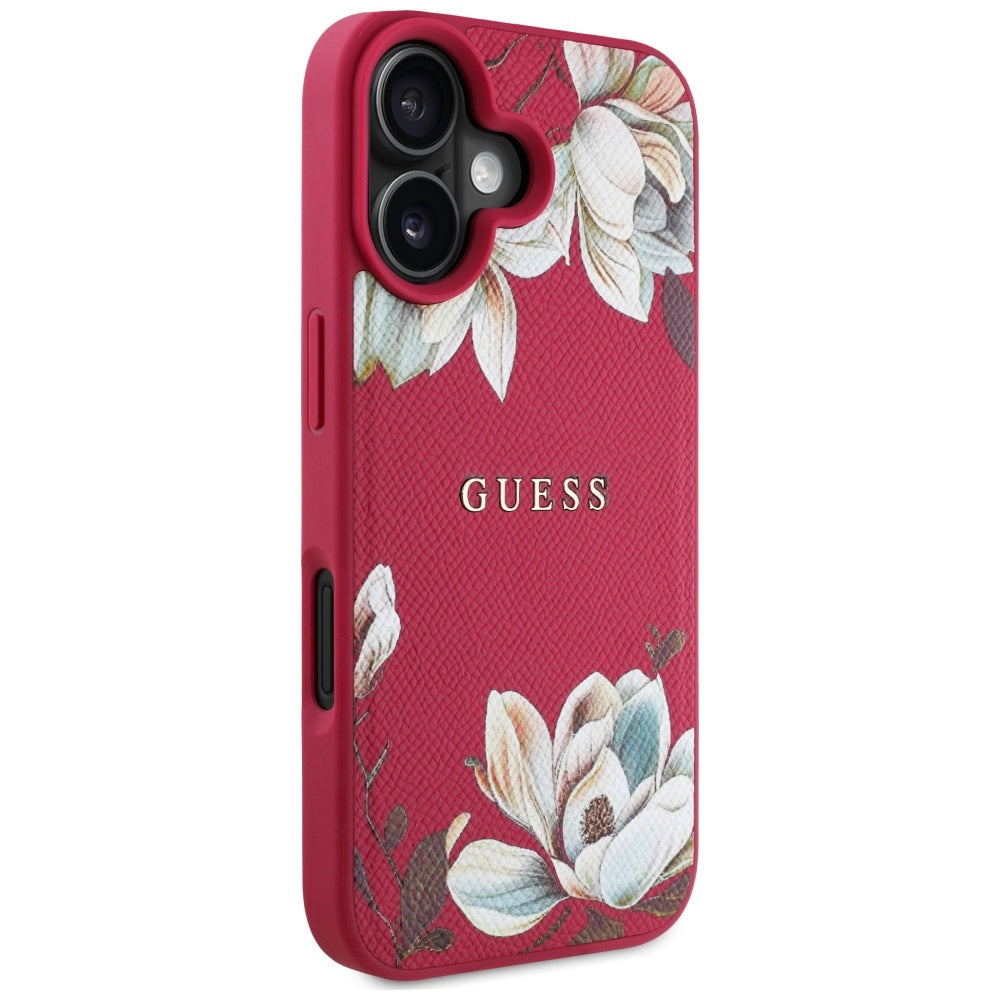 Husa MagSafe pentru Apple iPhone 16, Guess, Grained Flowers, Fucsia