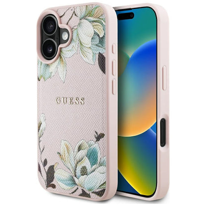 Husa MagSafe pentru Apple iPhone 16, Guess, Grained Flowers, Roz