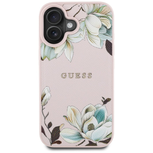 Husa MagSafe pentru Apple iPhone 16, Guess, Grained Flowers, Roz