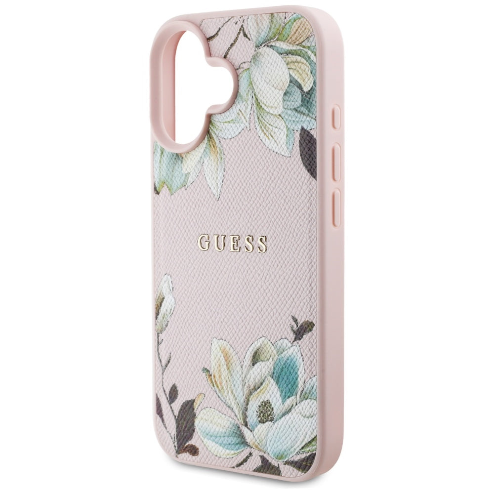 Husa MagSafe pentru Apple iPhone 16, Guess, Grained Flowers, Roz