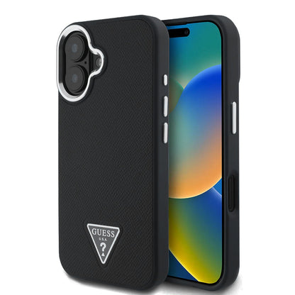 Husa MagSafe pentru Apple iPhone 16, Guess, Grained Triangle Logo, Neagra
