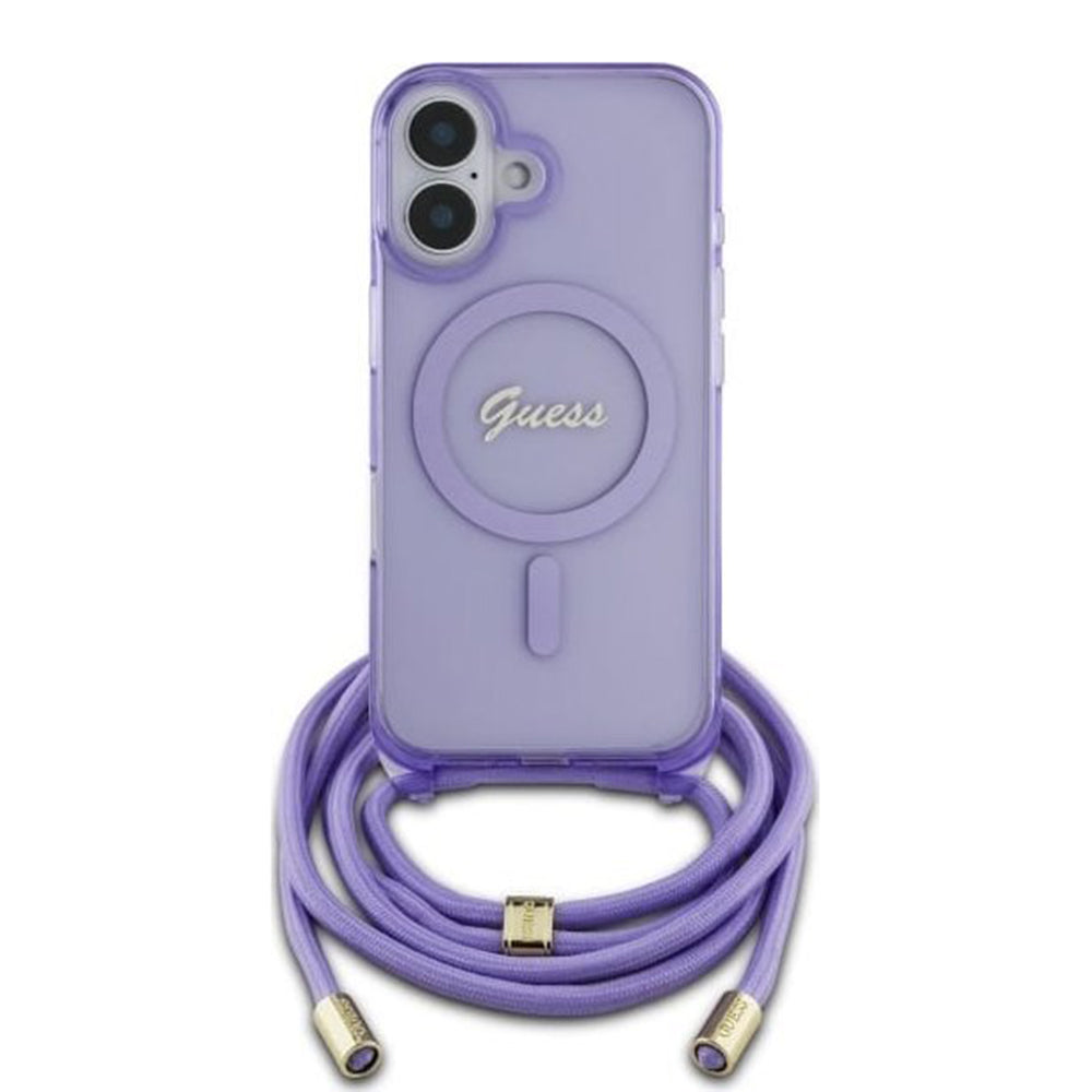 Husa MagSafe pentru Apple iPhone 16, Guess, IML Crossbody Cord Script, Mov