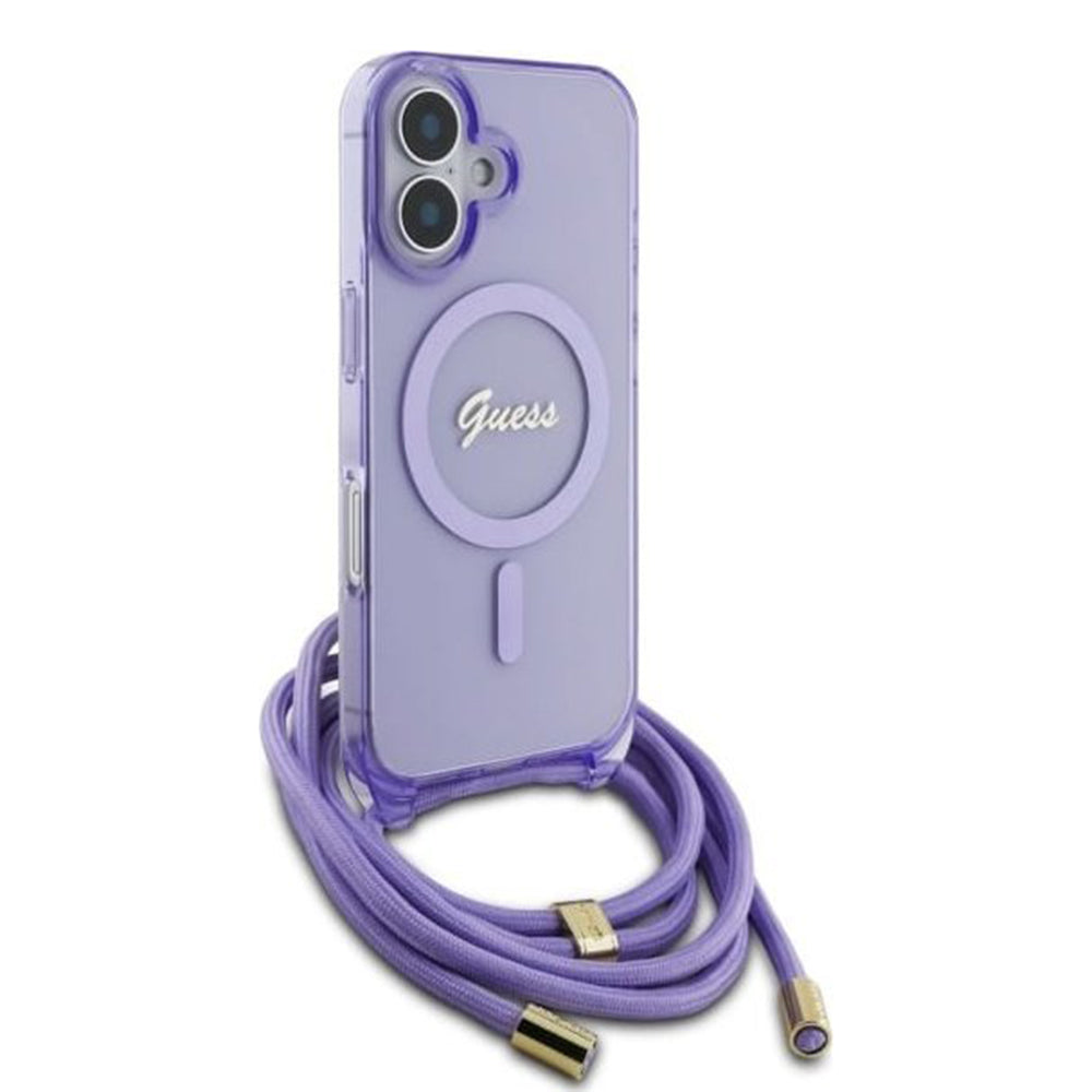 Husa MagSafe pentru Apple iPhone 16, Guess, IML Crossbody Cord Script, Mov