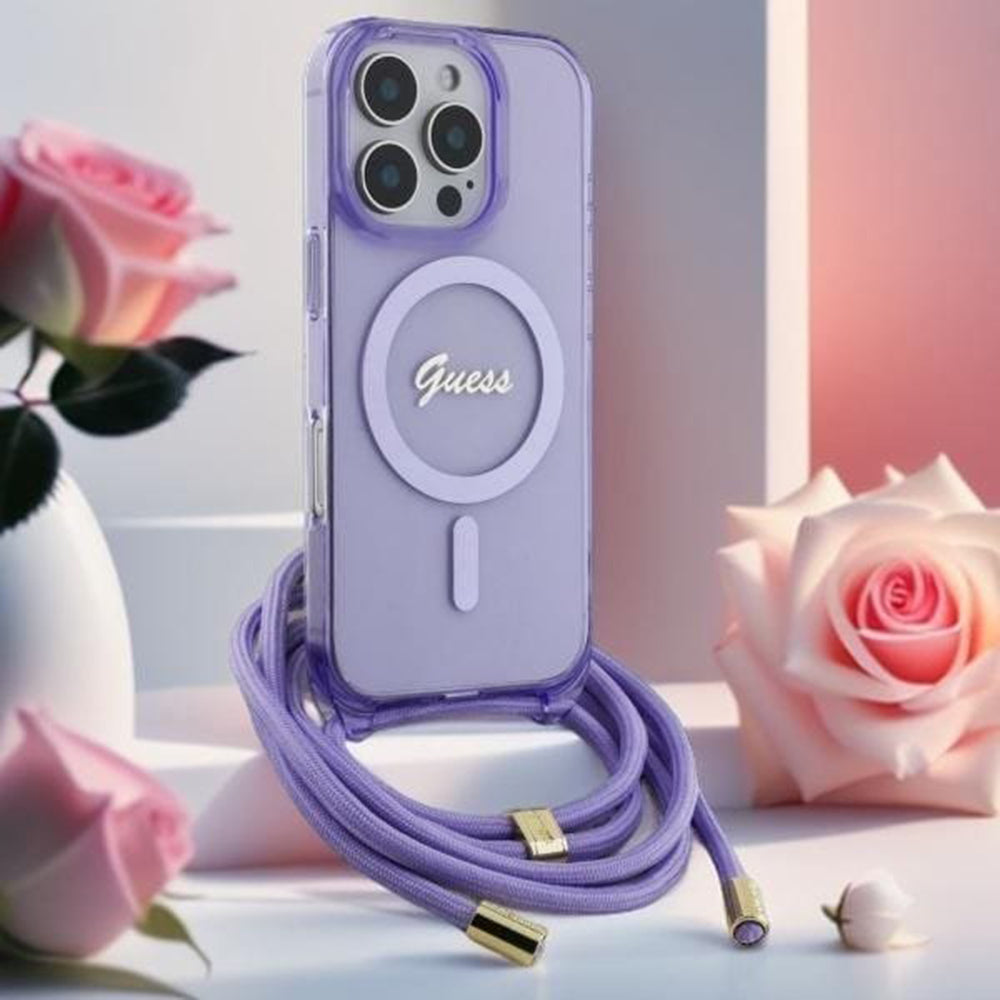 Husa MagSafe pentru Apple iPhone 16, Guess, IML Crossbody Cord Script, Mov