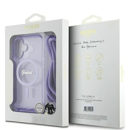 Husa MagSafe pentru Apple iPhone 16, Guess, IML Crossbody Cord Script, Mov