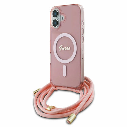 Husa MagSafe pentru Apple iPhone 16, Guess, IML Crossbody Cord Script, Roz