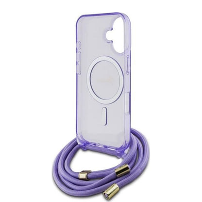 Husa MagSafe pentru Apple iPhone 16, Guess, IML Crossbody Cord Script, Roz