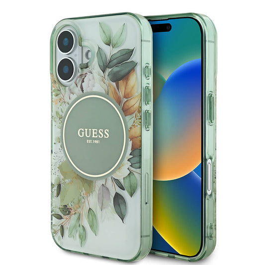 Husa MagSafe pentru Apple iPhone 16, Guess, IML Flower & Tonal Circle, Verde