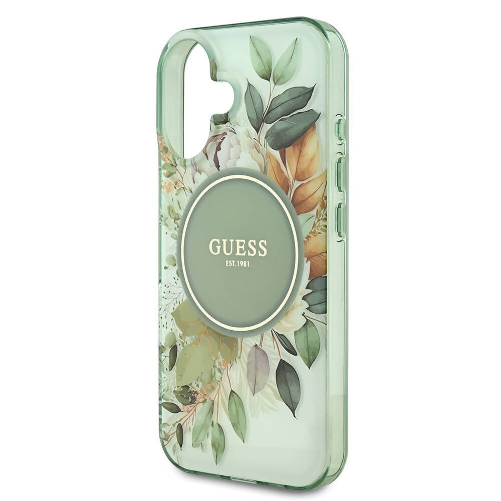 Husa MagSafe pentru Apple iPhone 16, Guess, IML Flower & Tonal Circle, Verde
