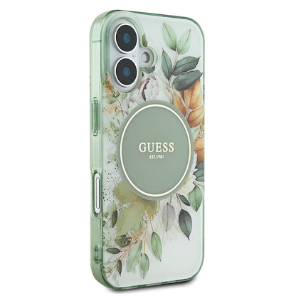 Husa MagSafe pentru Apple iPhone 16, Guess, IML Flower & Tonal Circle, Verde