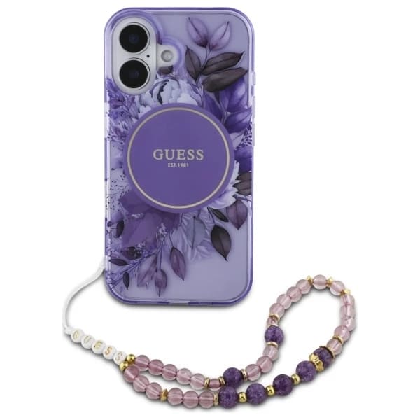 Husa MagSafe pentru Apple iPhone 16, Guess, IML Flowers with Pearl Strap, Mov