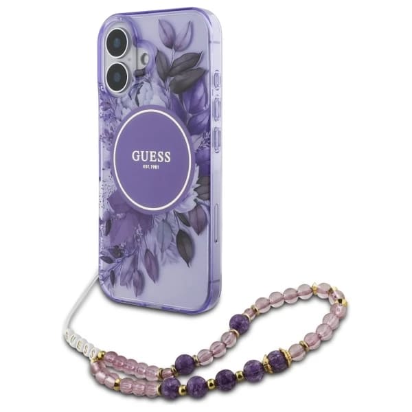 Husa MagSafe pentru Apple iPhone 16, Guess, IML Flowers with Pearl Strap, Mov