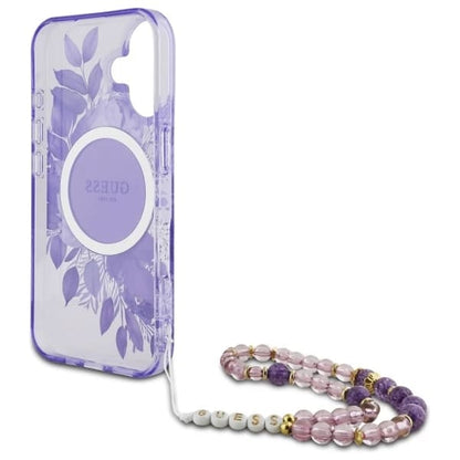 Husa MagSafe pentru Apple iPhone 16, Guess, IML Flowers with Pearl Strap, Mov